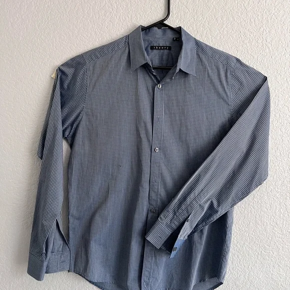 Theory Shirt Mens Blue Checker Plaid Long Sleeve Button Up Casual Size M - Picture 2 of 11